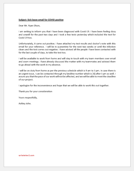 Sick leave email to boss for COVID positive