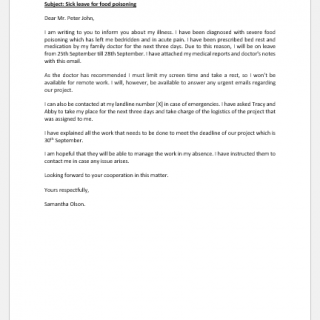 Sick leave email to boss for food poisoning