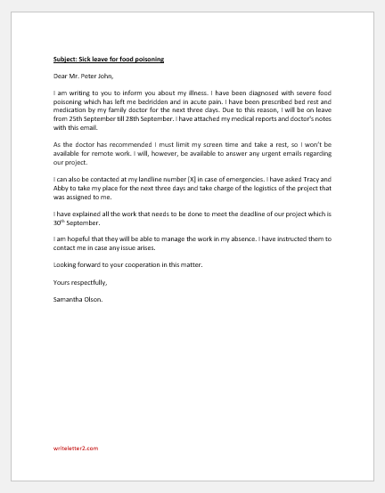 Sick leave email to boss for food poisoning