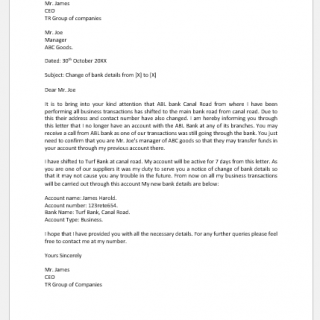Change of bank details letter to supplier