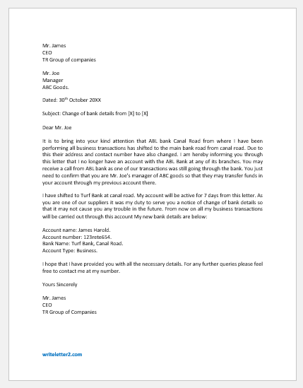 Change of bank details letter to supplier