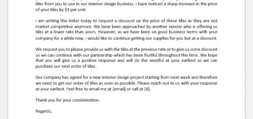 Letter requesting discount on price