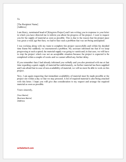 Letter of request for material needed