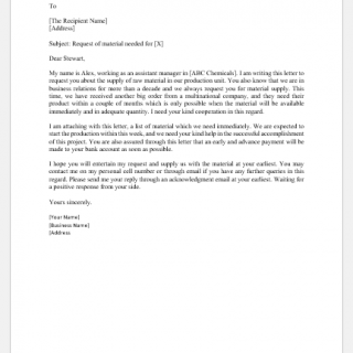 Letter of request for material needed