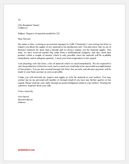 Letter of request for material needed