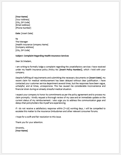 Complaint Letter for Health Insurance Services